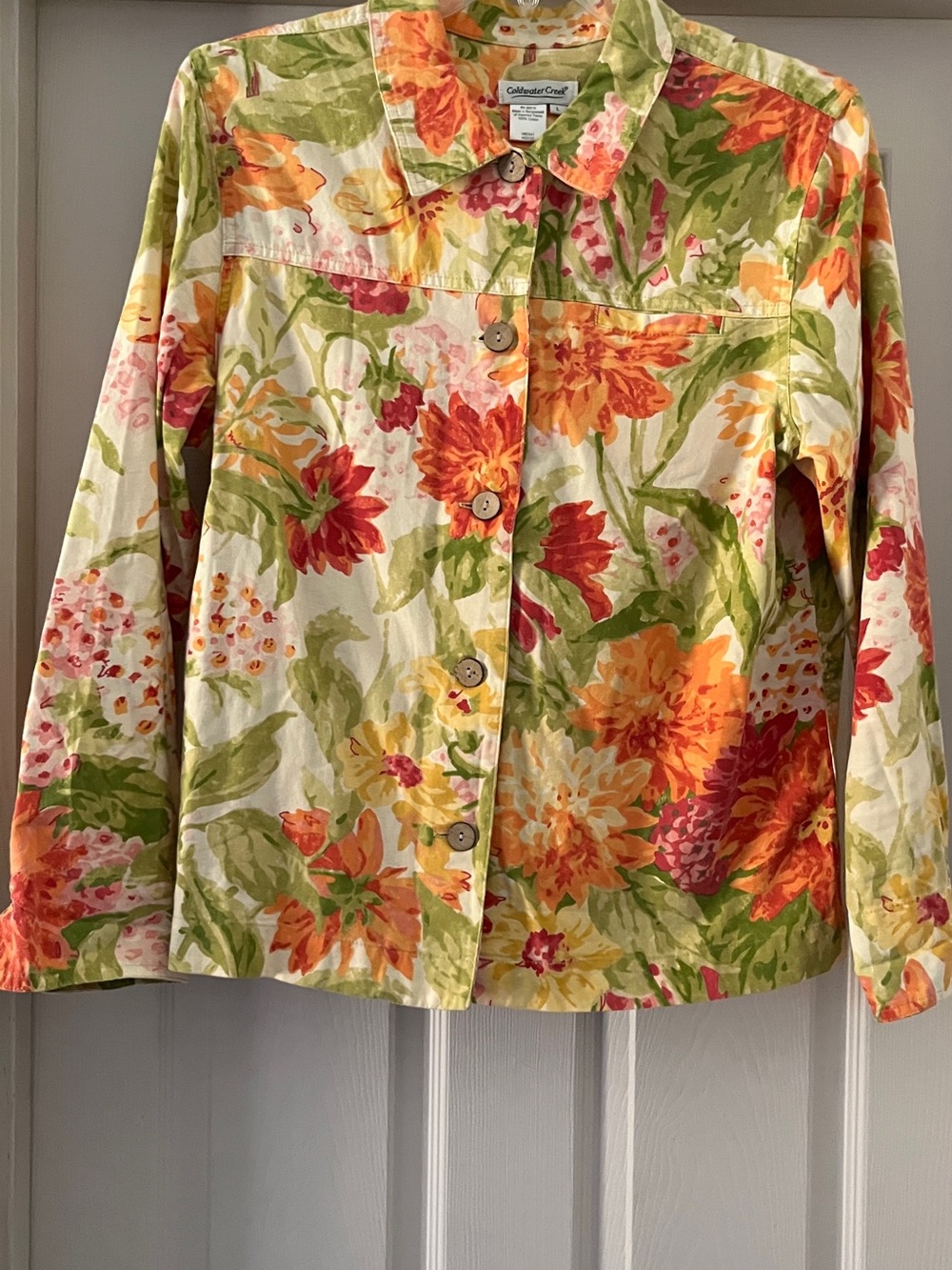 Coldwater Creek Floral Cotton Button-Front Shirt — Orange, Green, Cream size Med